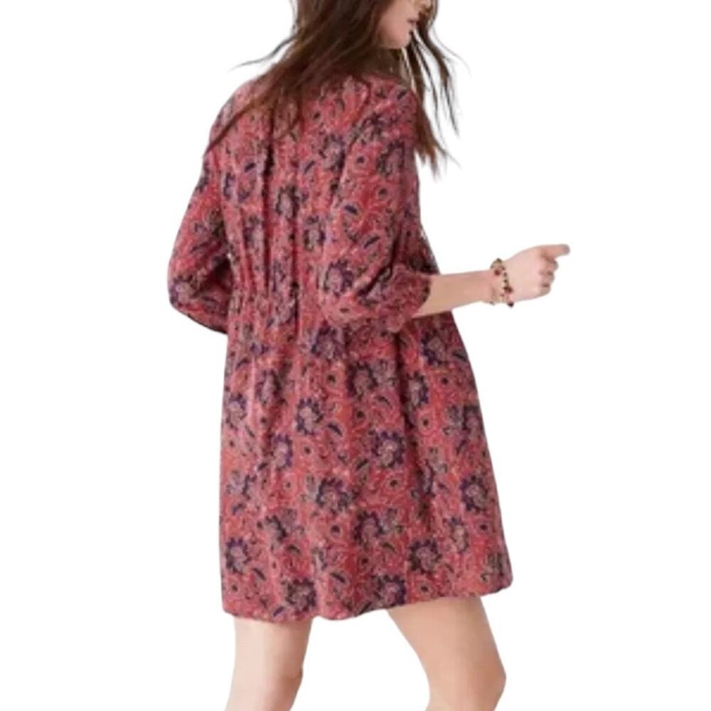 Madewell Silk Baby Doll Dress Assam Floral Red Blue Boho Lace-up Neck Size XXS
